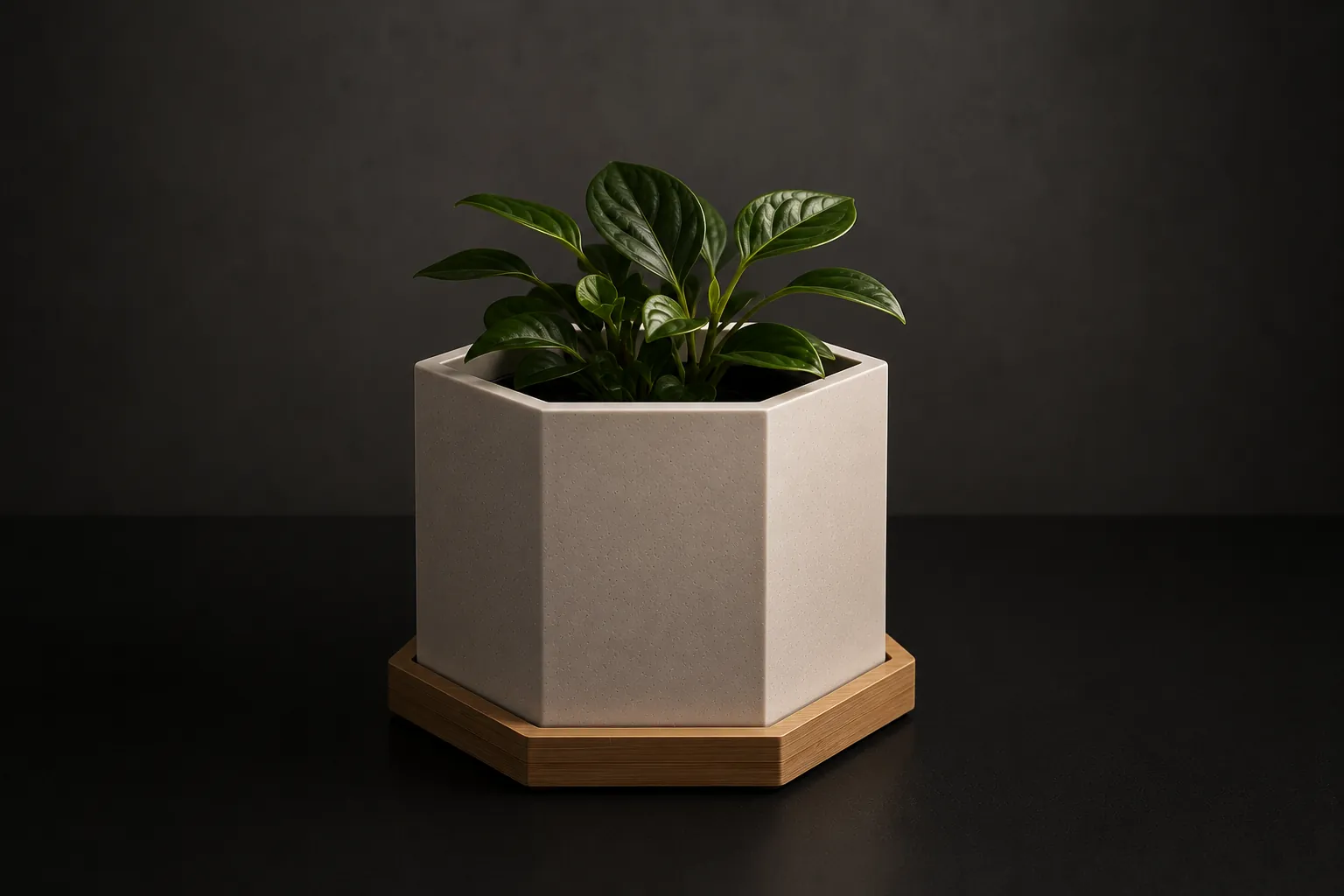 Matera hexagonal impresa en 3D con una planta pequeña, sobre una base de madera clara