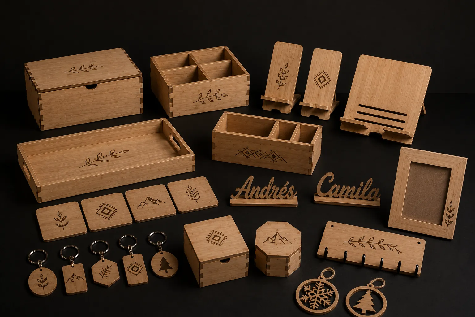 Piezas de madera cortadas y grabadas a láser: cajas, bandejas, posavasos, nombres recortados, portarretratos y llaveros