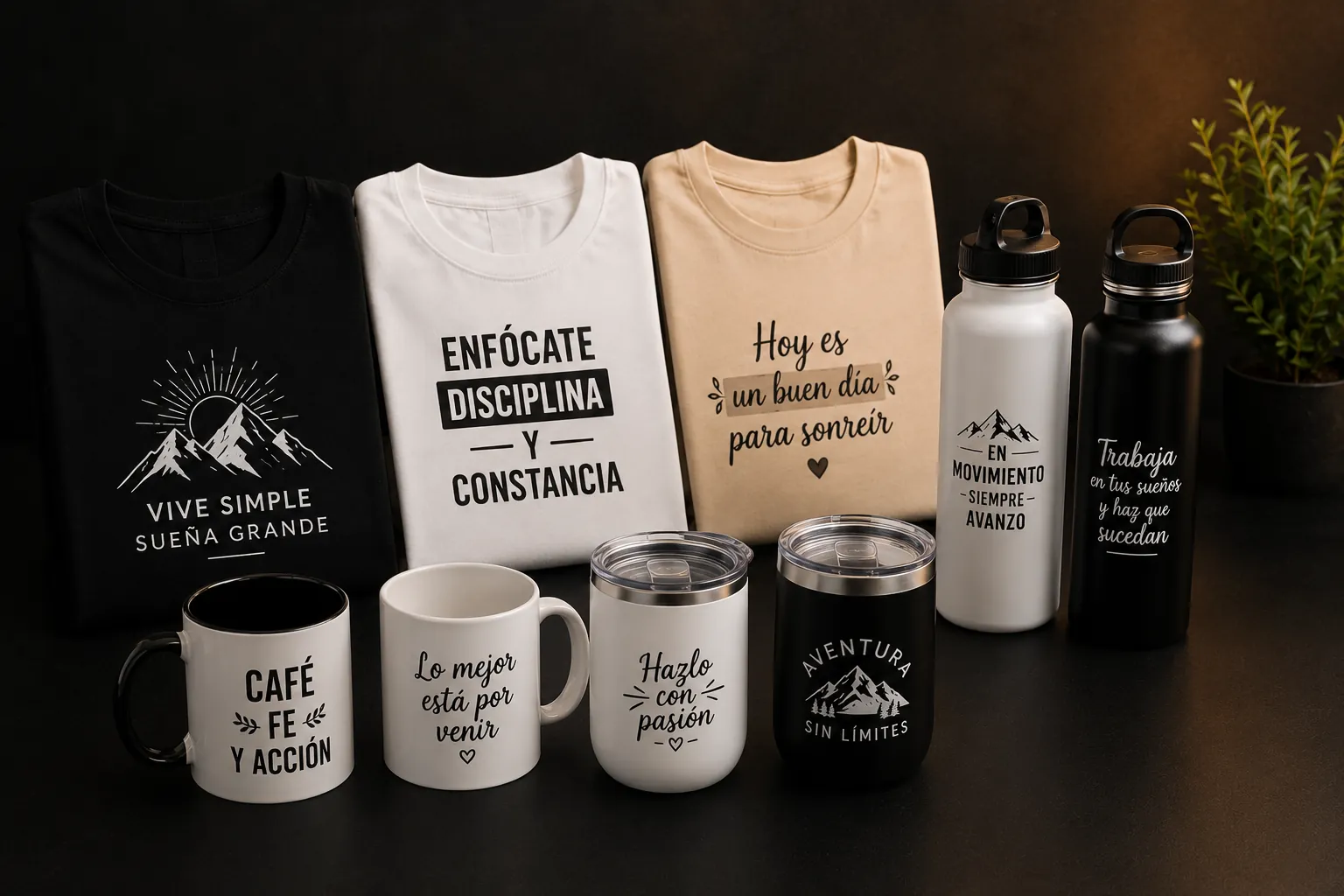 Camisetas dobladas con frases estampadas junto a mugs, vasos térmicos y termos marcados con los mismos diseños
