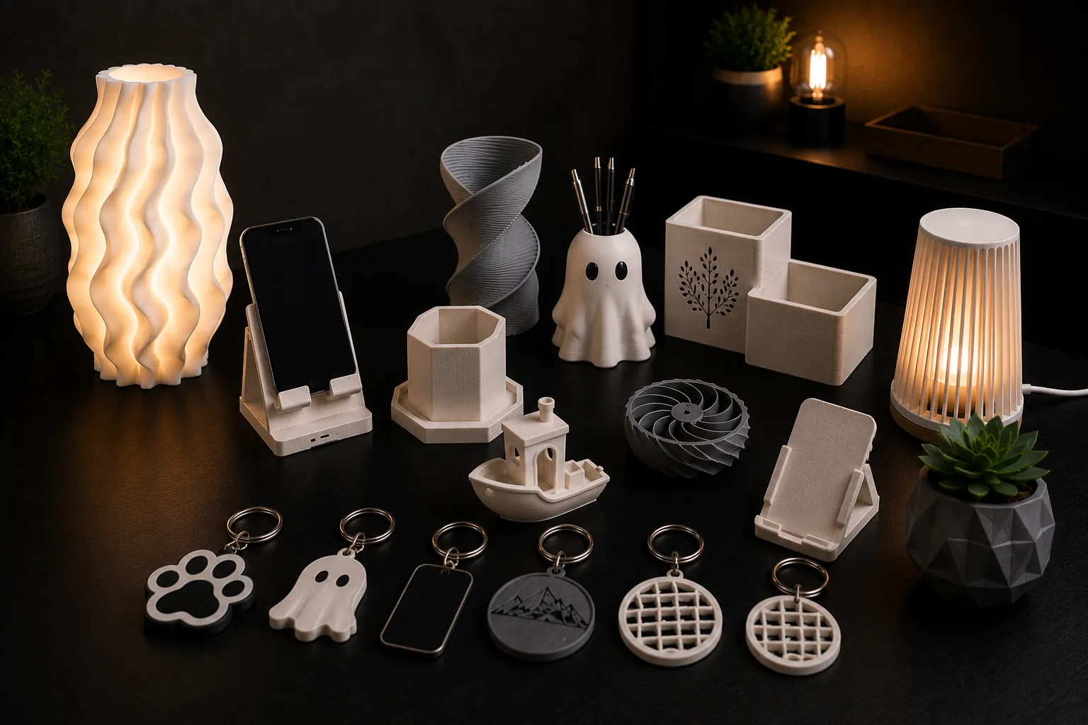 Conjunto de piezas impresas en 3D: lámparas encendidas, materas, portalápices, soportes de celular y llaveros, sobre fondo oscuro