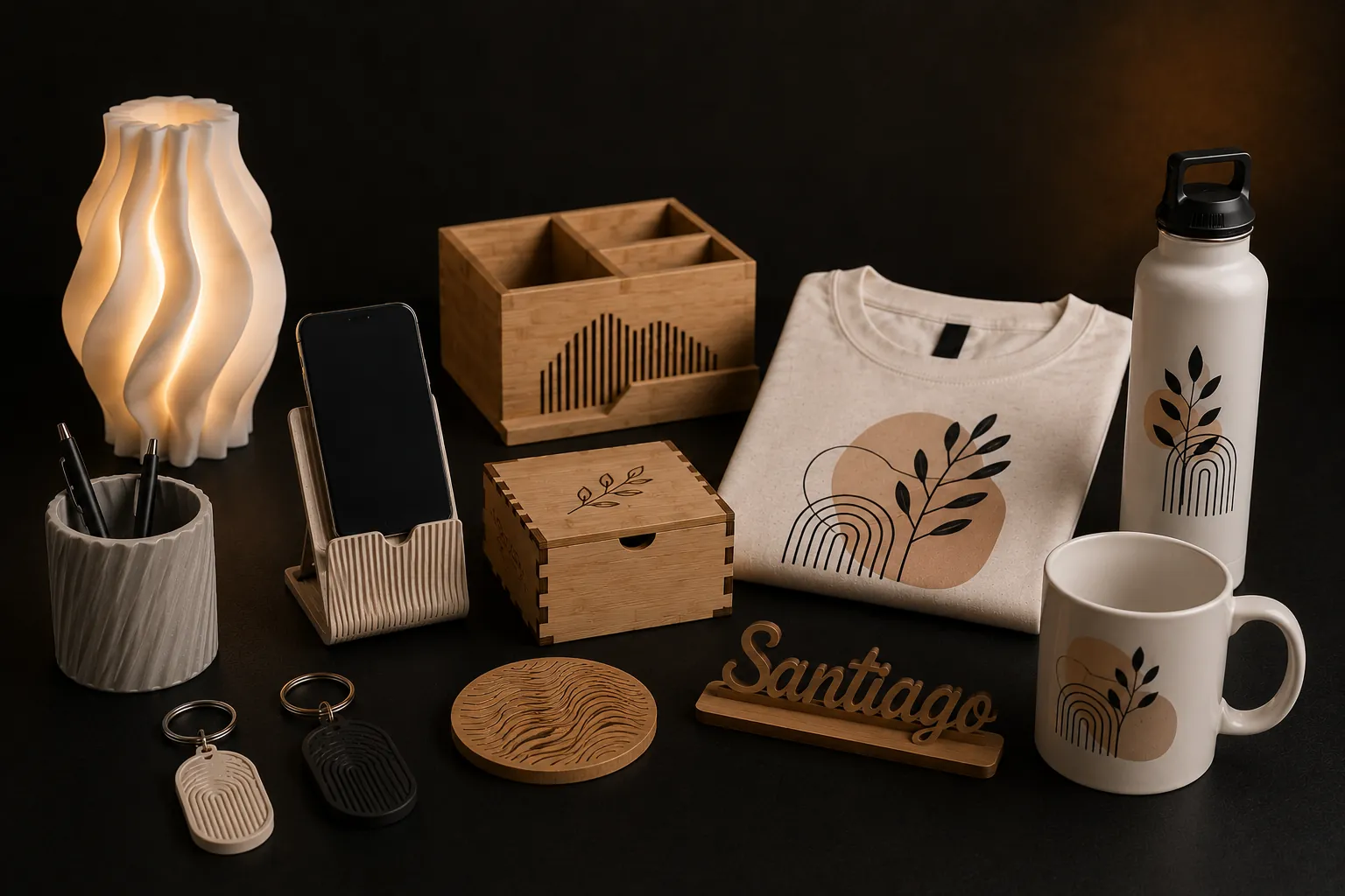 Montaje que combina las tres técnicas: lámpara y portalápices impresos en 3D, caja y organizador de madera grabados, camiseta, termo y mug estampados con el mismo diseño